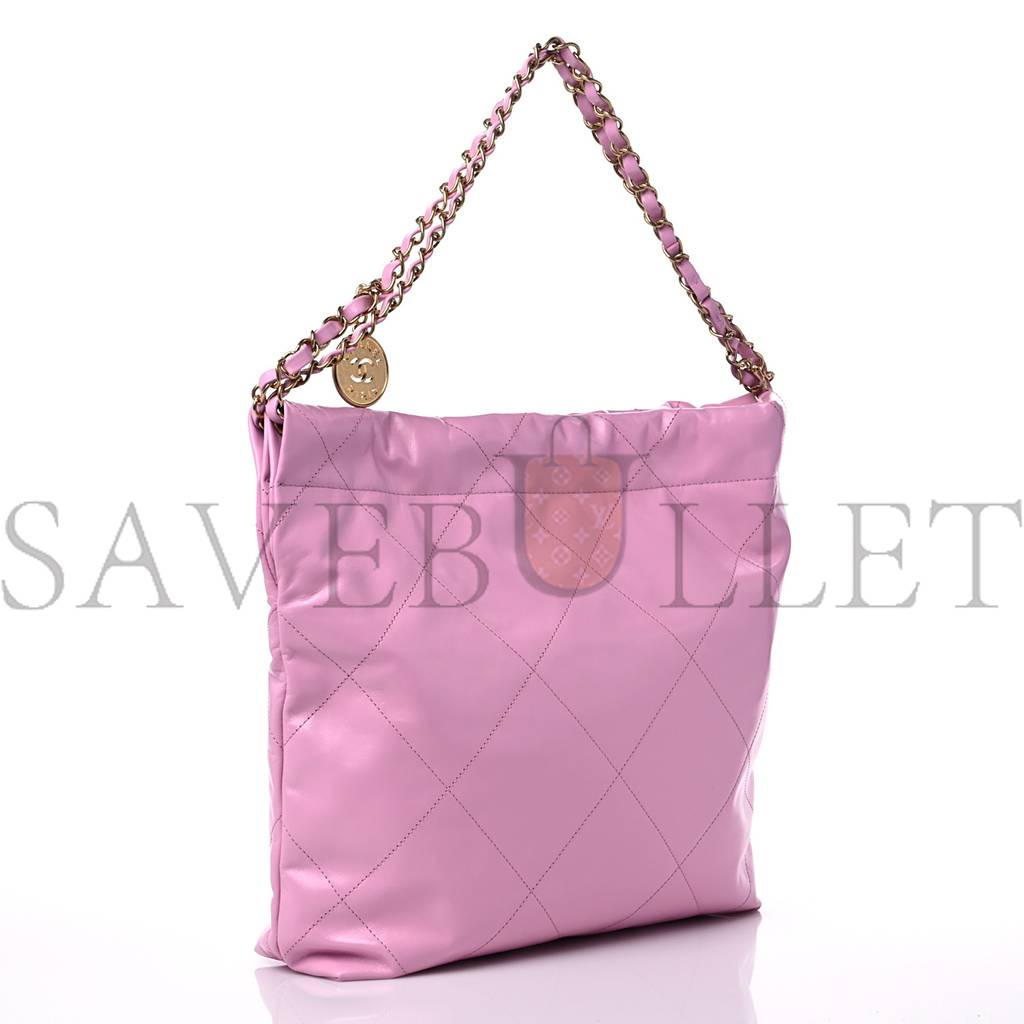 CHANEL SHINY CALFSKIN QUILTED SMALL CHANEL 22 PINK GOLD HARDWARE (37*35*7cm)