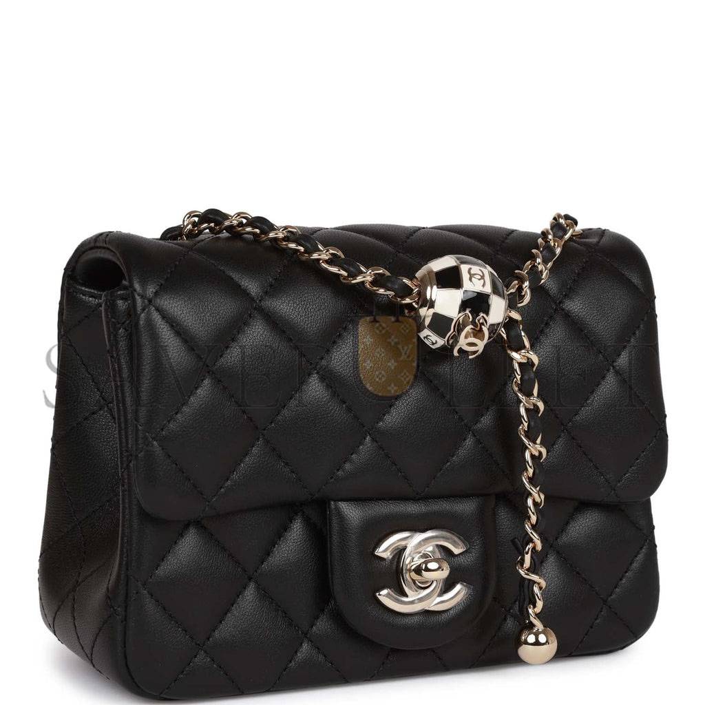 CHANEL PEARL CRUSH MINI SQUARE FLAP BAG BLACK LAMBSKIN LIGHT GOLD HARDWARE (17*14*8cm)