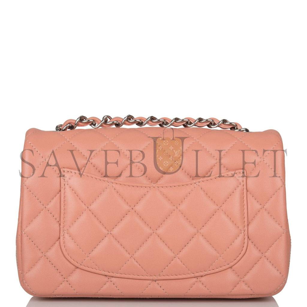 CHANEL MINI RECTANGULAR FLAP BAG ROSE LAMBSKIN SILVER HARDWARE (20*13*6cm)