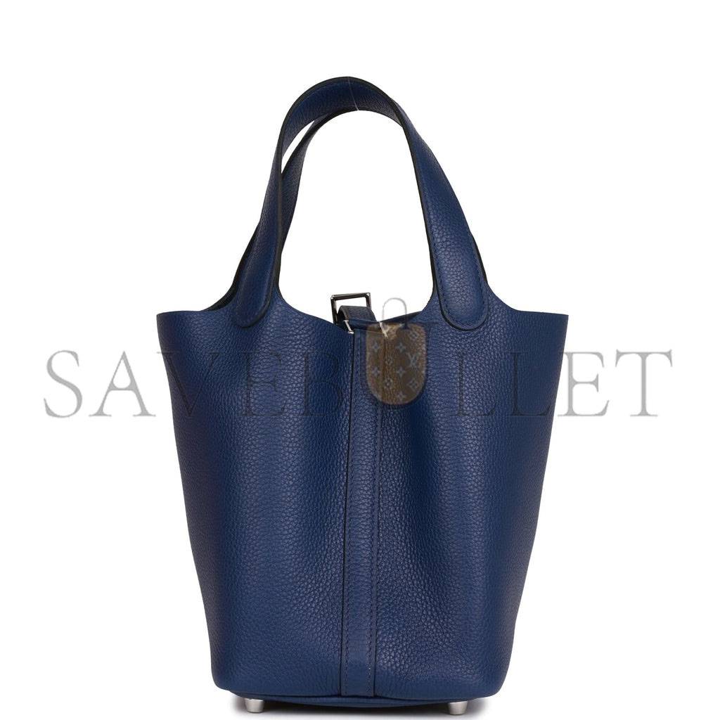 HERMES PICOTIN LOCK 18 BLEU SAPHIR MAURICE PALLADIUM HARDWARE (18*13*18cm)