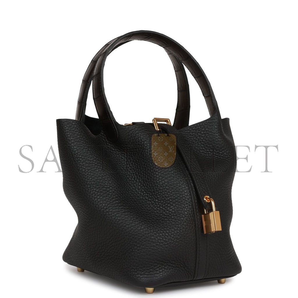 HERMES PICOTIN LOCK 18 BLACK MATTE ALLIGATOR AND CLEMENCE TOUCH GOLD HARDWARE (18*13*18cm)