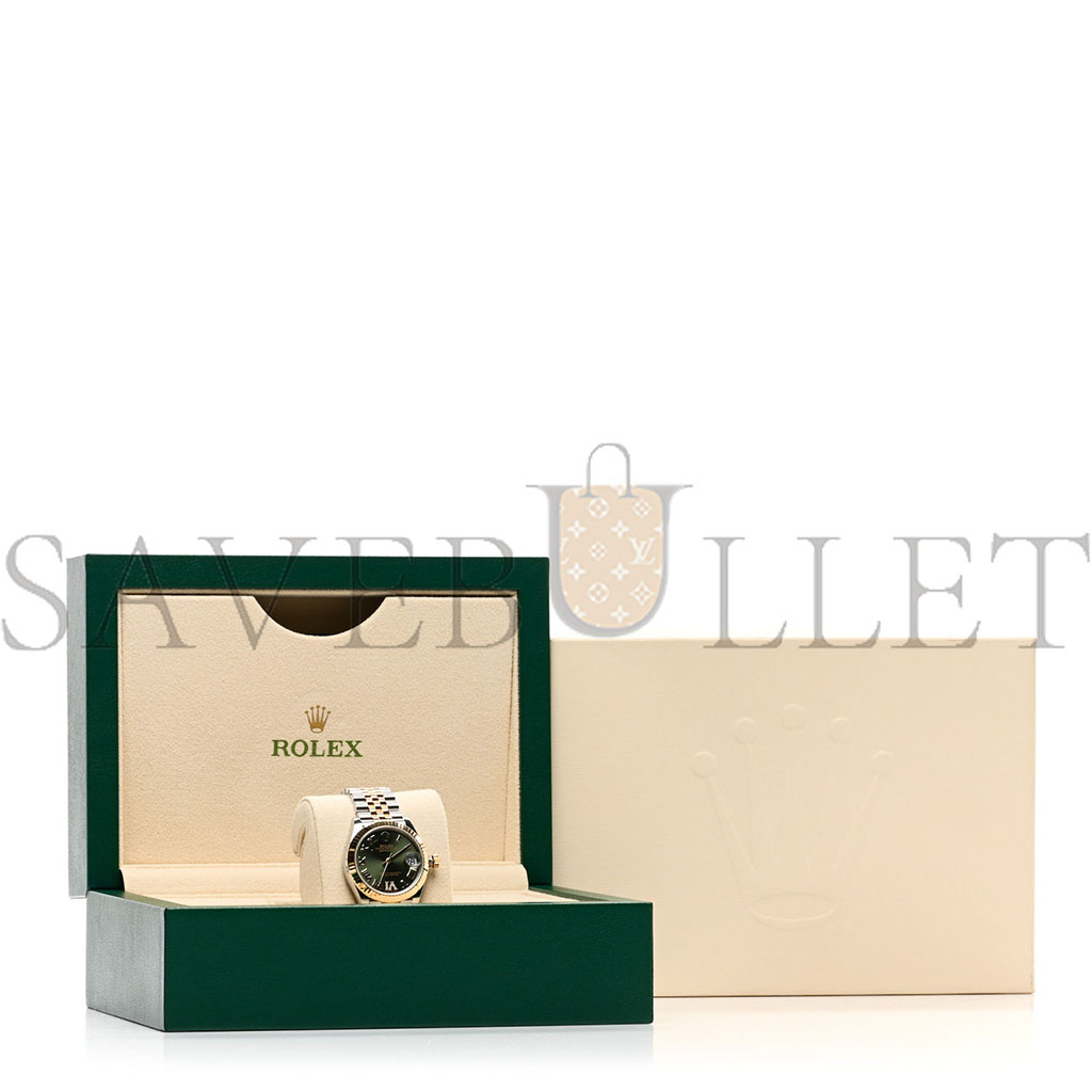 ROLEX STAINLESS STEEL 18K YELLOW GOLD DIAMOND 31MM OYSTER PERPETUAL DATEJUST WATCH OLIVE GREEN ROMAN 278273