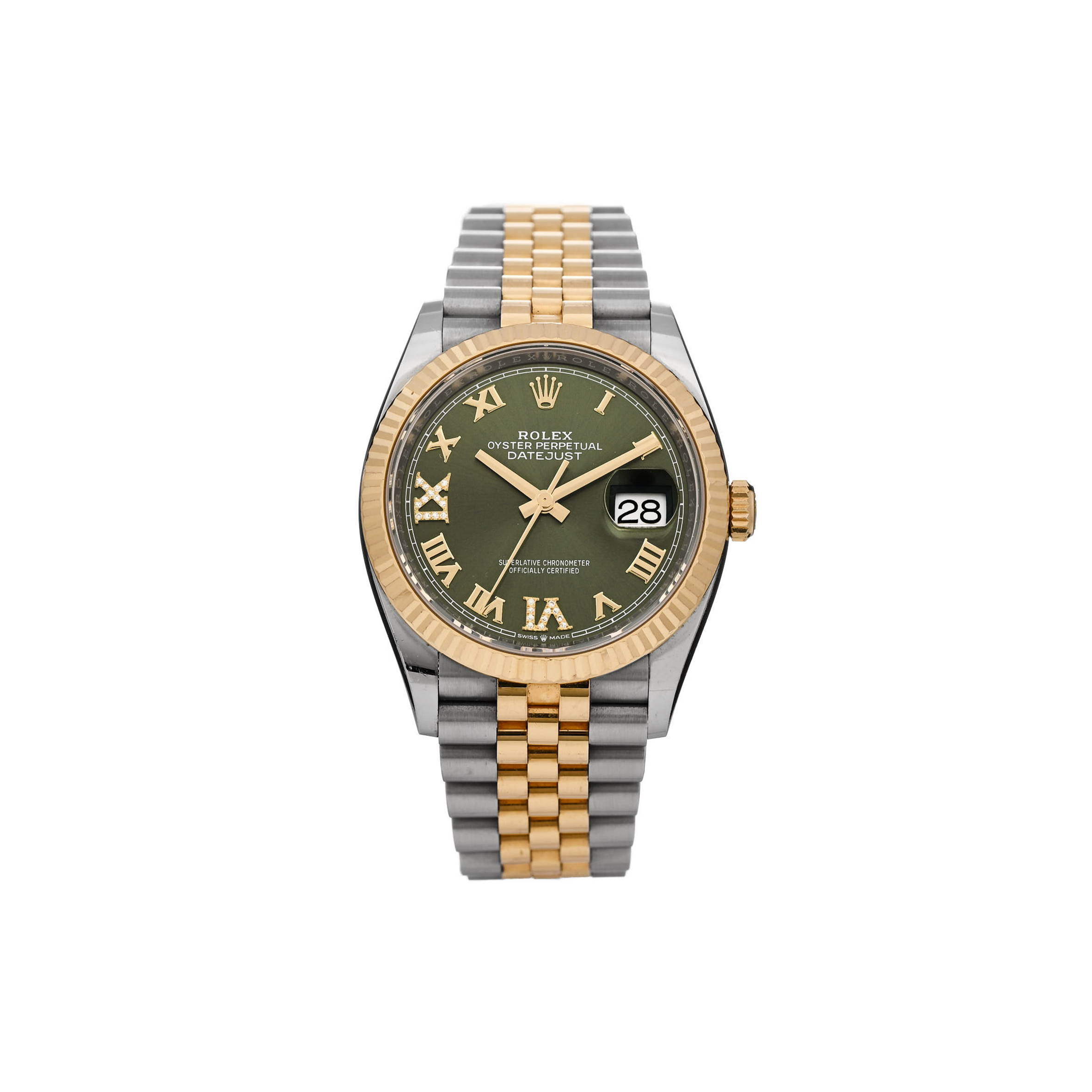 ROLEX STAINLESS STEEL 18K YELLOW GOLD DIAMOND 36MM OYSTER PERPETUAL DATEJUST WATCH OLIVE GREEN ROMAN 126233