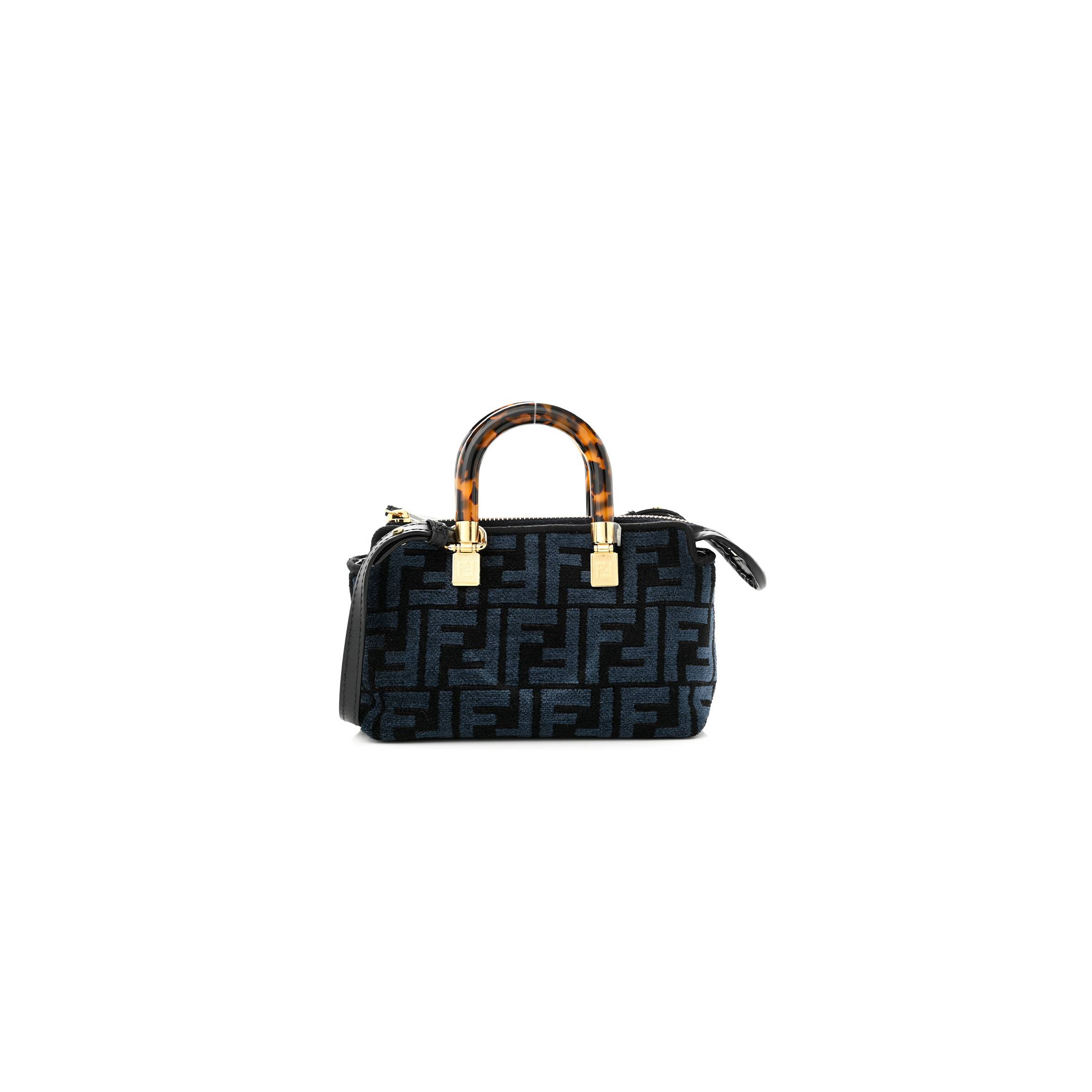 FENDI CHENILLE VITELLO KING PLEXIGLASS FF MINI BY THE WAY TOP HANDLE BOSTON BAG BLUE BLACK (17*11*8cm)