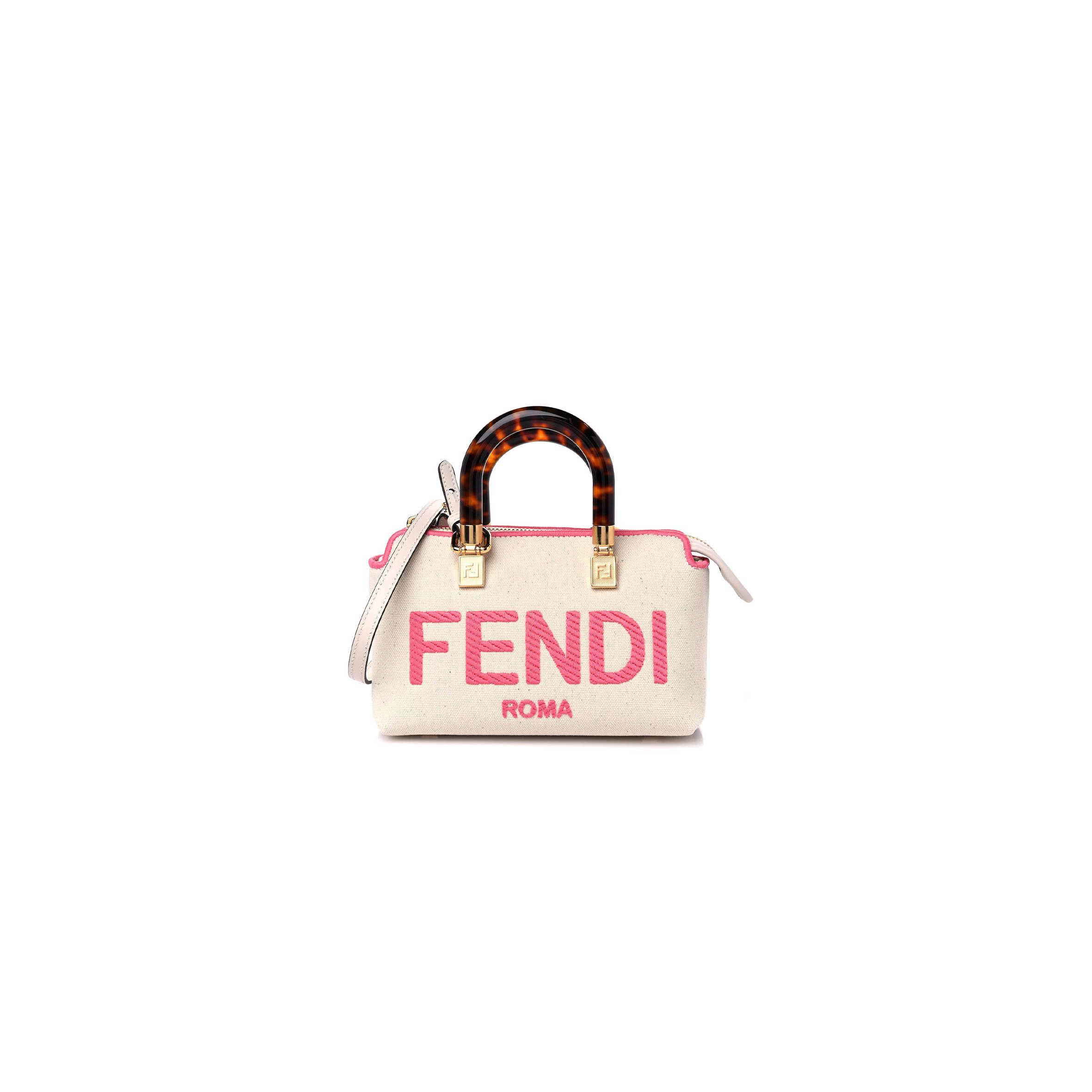 FENDI CANVAS PLEXIGLASS LOGO EMBROIDERED MINI BY THE WAY TOP HANDLE BOSTON BAG GREZZO PINK DALIA (18*11*8cm)