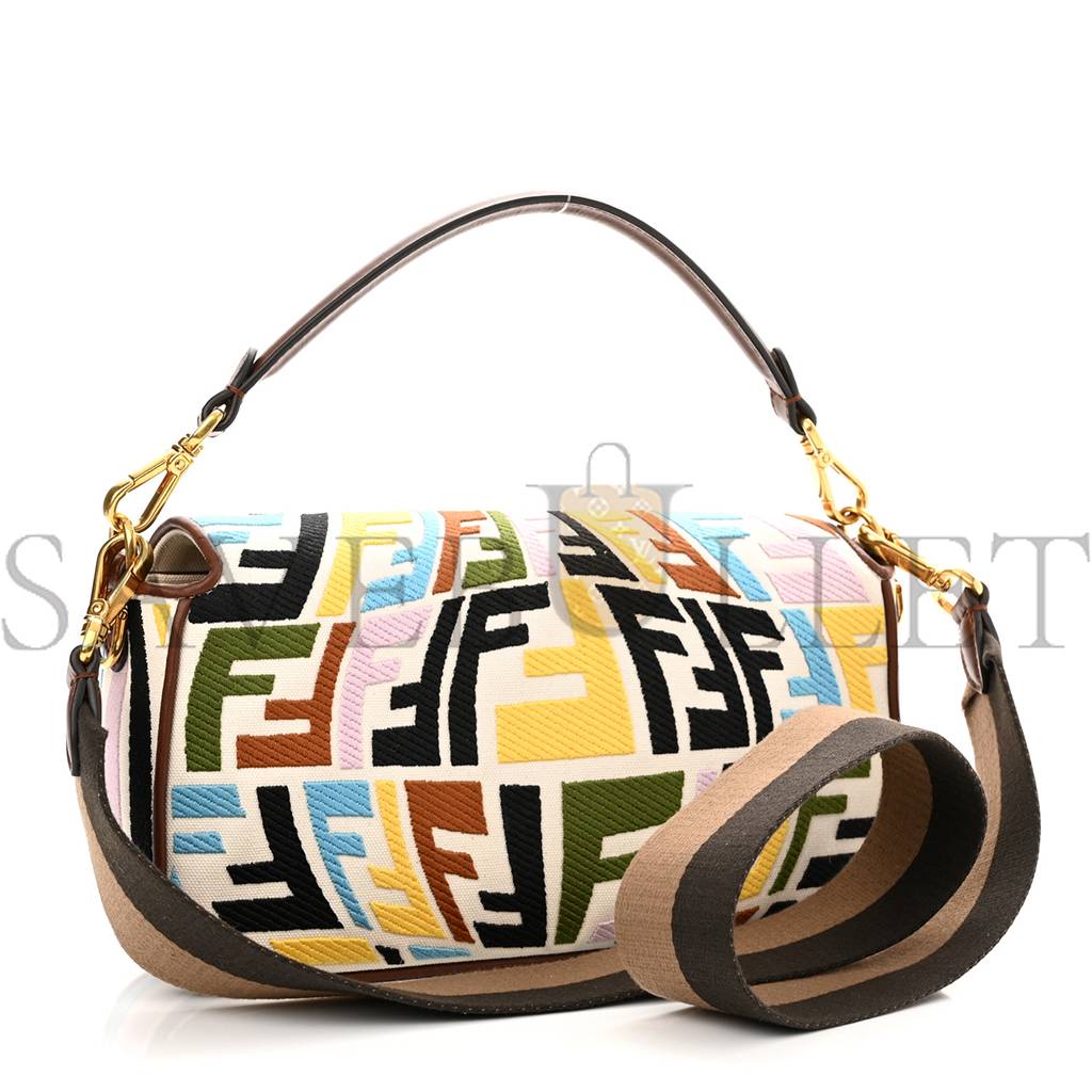 FENDI X SARA COLEMAN CANVAS VITELLO KING SETA FF FISH EYE EMBROIDERED BAGUETTE GREZZO MULTICOLOR GHIANDA (28*16*6cm)