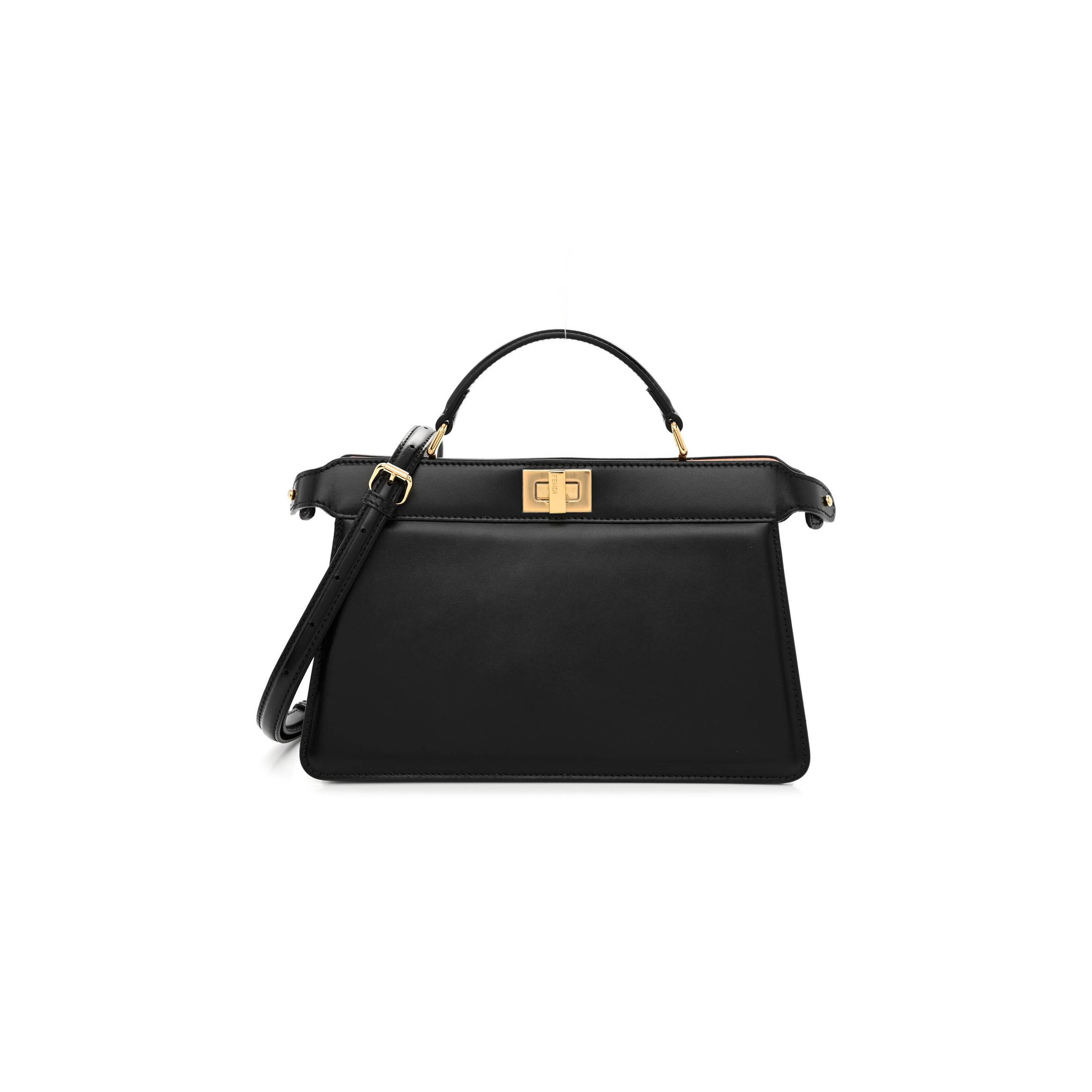 FENDI VITELLO KING LUXOR SHINY NAPPA MEDIUM PEEKABOO I SEE U EAST WEST SATCHEL BLACK LIGHT ROSE (29*18*11cm)